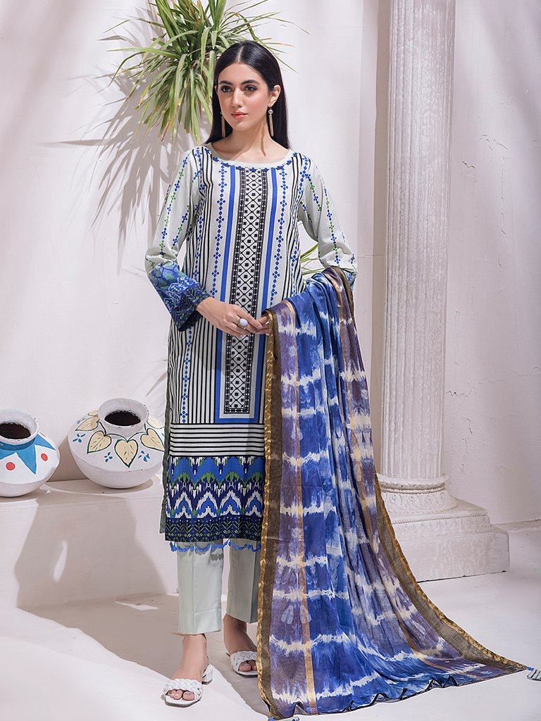 Unstitched 3pc - Printed Cambric Shirt & Printed Cambric Dupatta with Gold Border & Dyed Cambric Trouser - Inaya Gold Cambric (IP-00108B)